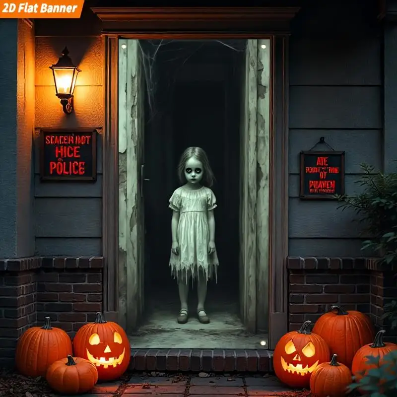 1 PCS 2D Flat Banner Suitable For Halloween, Featuring A Large Ghost Girl Door Decoration