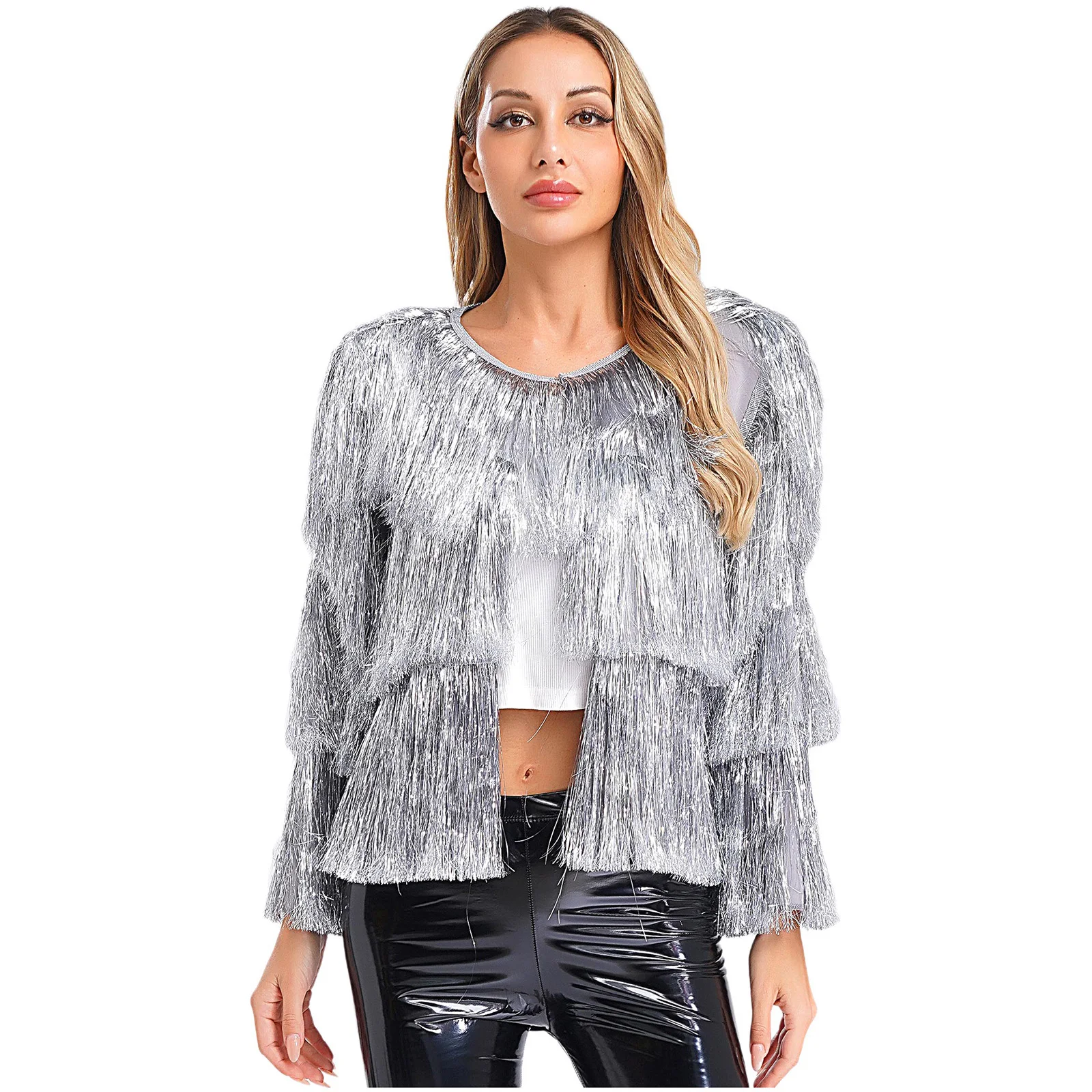 

Women Fashion Party Disco Band Dance Jackets Tiered Tassels Bomber Sparkly Dance Blazers Winter Coat Festival Halloween Costume