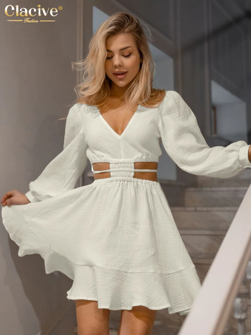 

Clacive Sexy Loose Beige Cotton Women Dress 2025 Fashion V-Neck Long Sleeve Mini Dresses Elegant Classic Hollow Out Female Dress