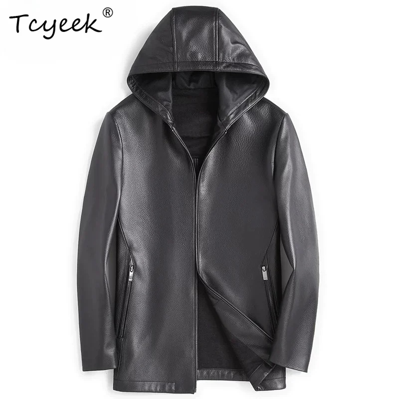 Tcyeek Natural Deerskin Real Leather Jacket Men Spring Autumn Clothes Business Casual Mens Coats Hoodie Slim Fit Trendy جواكيت