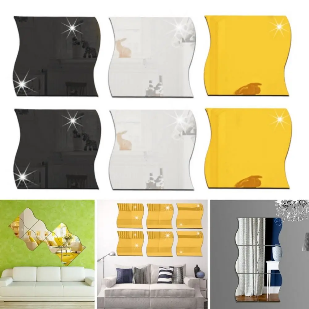 Adesivo de parede espelho 3d em forma de onda moderna, arte diy, acrílico, azulejo decorativo, espelho autoadesivo para decoração de casa