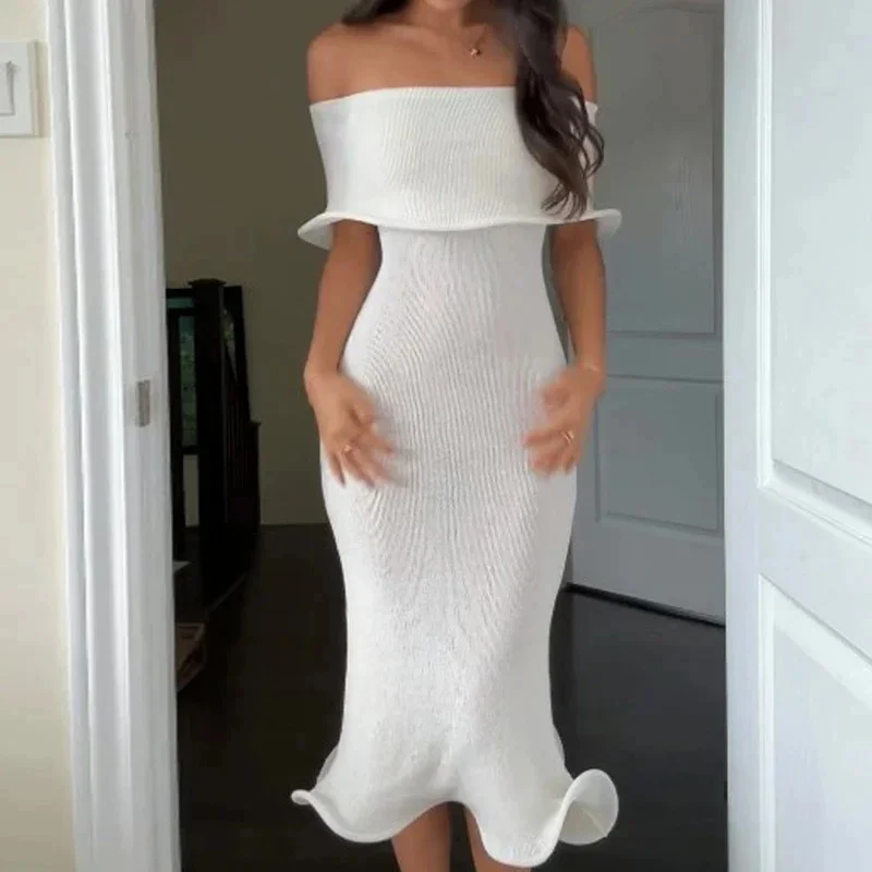Sexy Solid Lotus Edge Knitted Long Dress Women Off Shoulder Curled Bodycon Maxi Dresses 2024 Lady Fashion High Street Party Robe