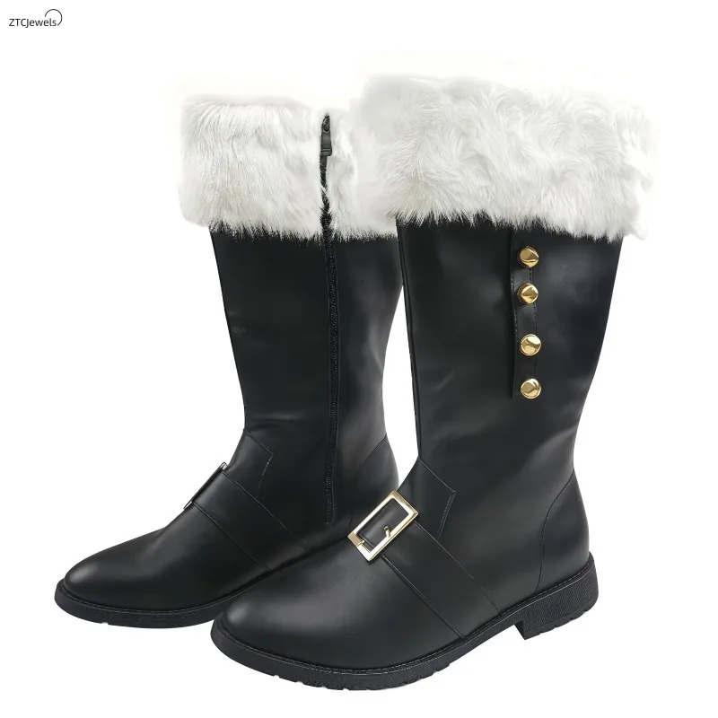 Men's Halloween Christmas Santa Claus Boots Wide Calf Santa Combat Boots with White Plush Cuffs Foot Bells for Party Cosplay