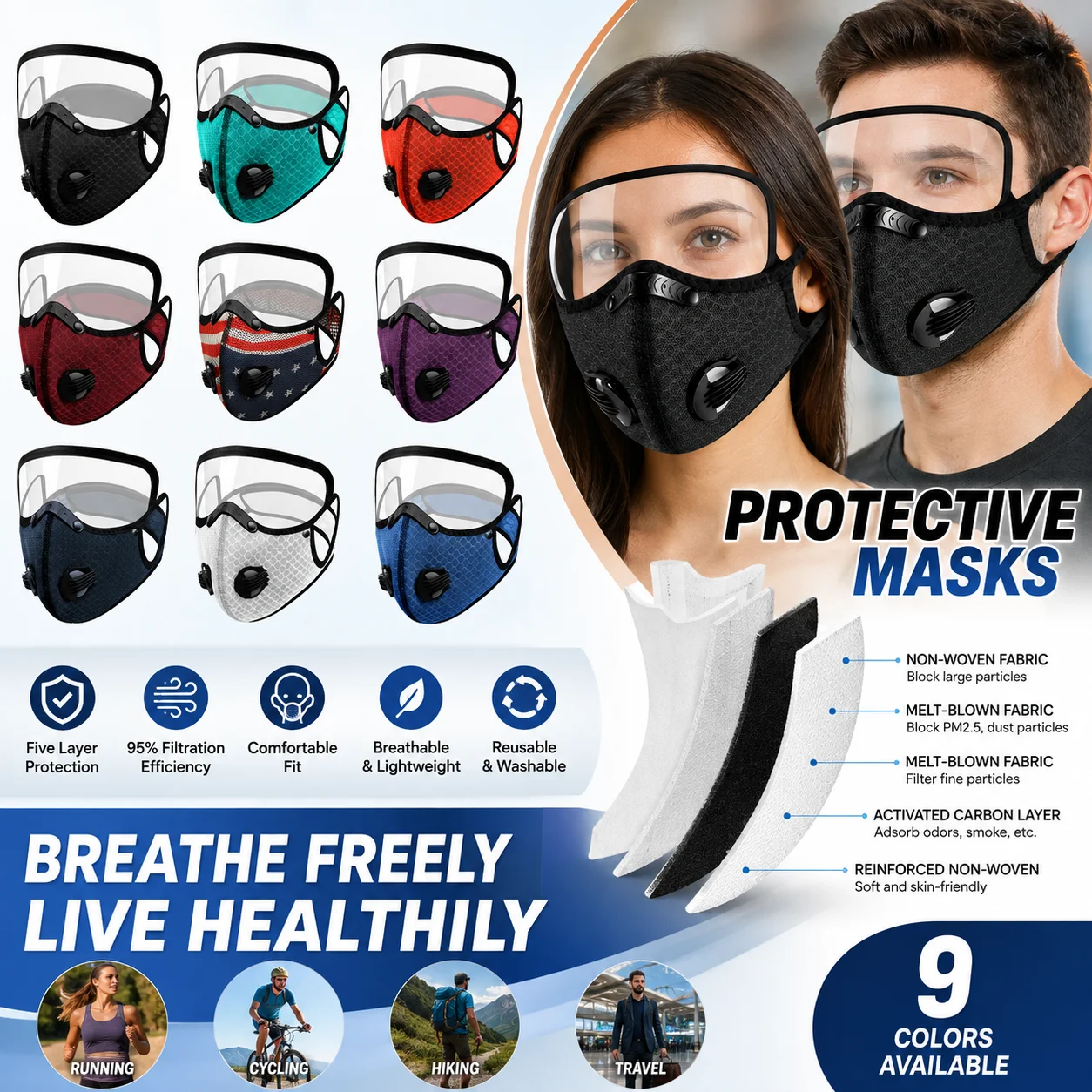 Sports Cycling Mask Windproof Dustproof UV Protection Goggles Reusable Full Face Cover Breathable for Men Women Outdoor Riding