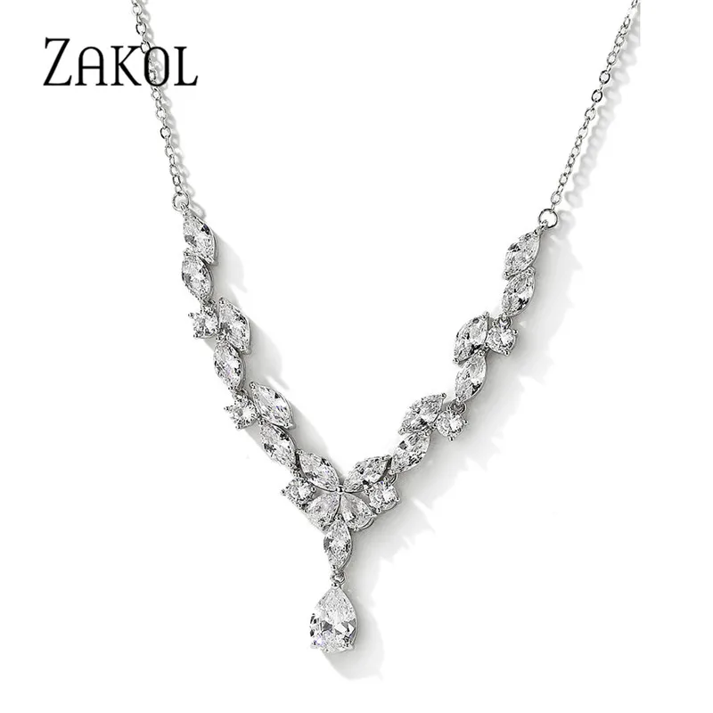 ZAKOL Luxury Exquisite Water Drop Cubic Zircon Leaf Chain Choker Necklaces for Women Fashion Bridal Wedding Party Jewelry NP2264