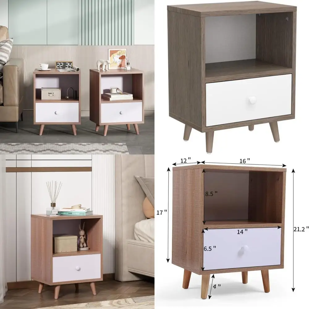 زوج من طاولات النوم الخشبية المعاصرة مع درج ورف مفتوح لغرفة النوم