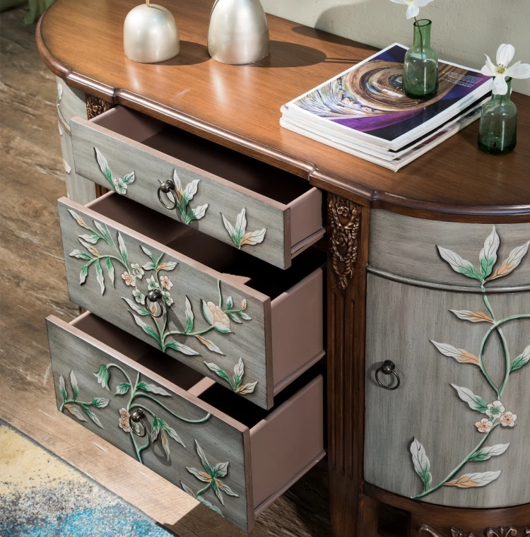 #@Hallway Antique Baroque Console Table With 2 Doors 3 Drawers and 1 Shelf Carved Hand Painting Design Brown for Living Room