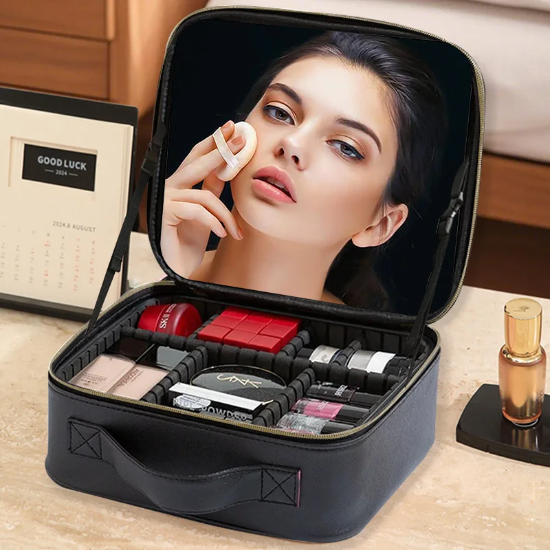Waterproof Travel Makeup Bag for Women with Mirror Professional Cosmetic Storage Case with Sewing Thread - Beauty Brush Included