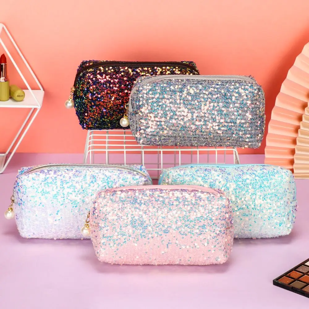 Women Sequin Glitter Cosmetic Bag Zipper Pouch Storage Makeup Bag Mermaid Color Girls Pen Bag 2024 Xmas New Year Gift