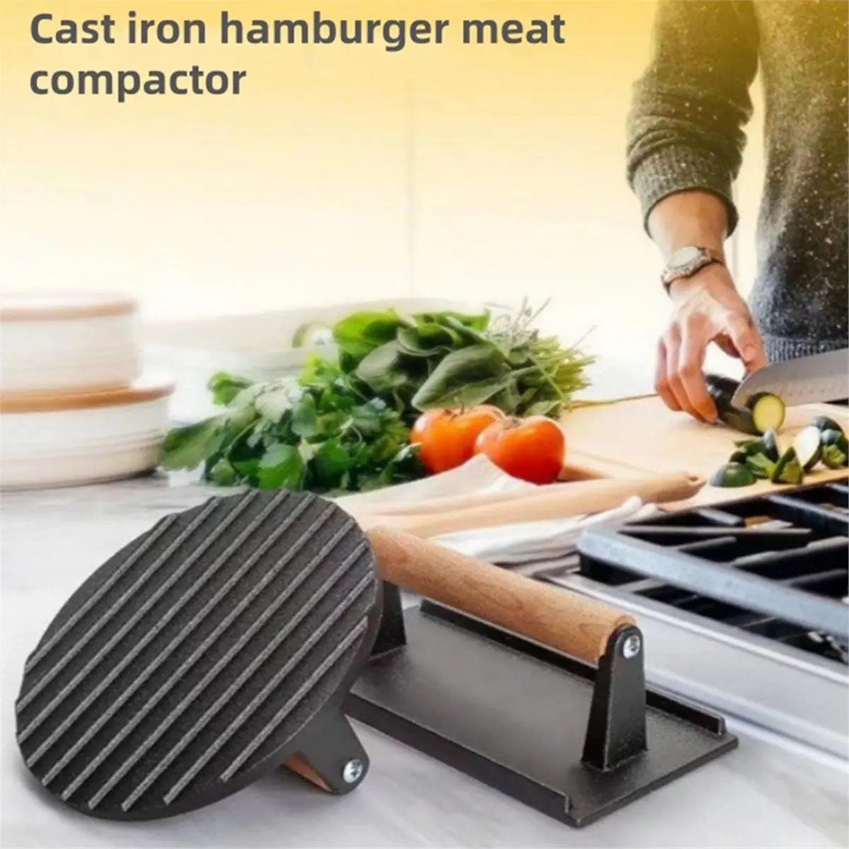 A67T NEW 1pc Cast Iron Meat Press Round Heavy-Duty Steak Burger Press Barbecue Press for Flat Top Grill Hamburger Grinder A