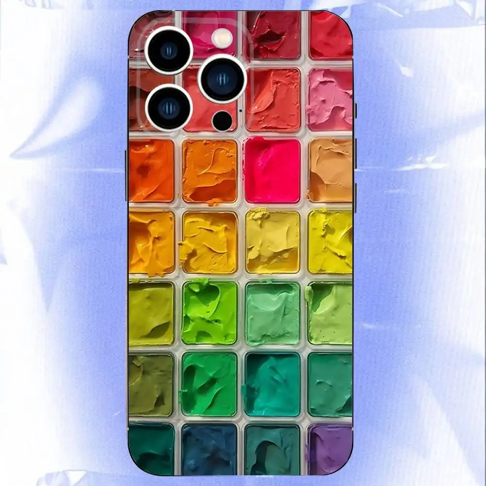 مجموعة الألوان المائية حالة الهاتف لوحة الطلاء 	   لهاتف iPhone 16e,16,15,14,13,12,11,Pro,X,XS,Max,XR,Plus,غطاء أسود ناعم صغير