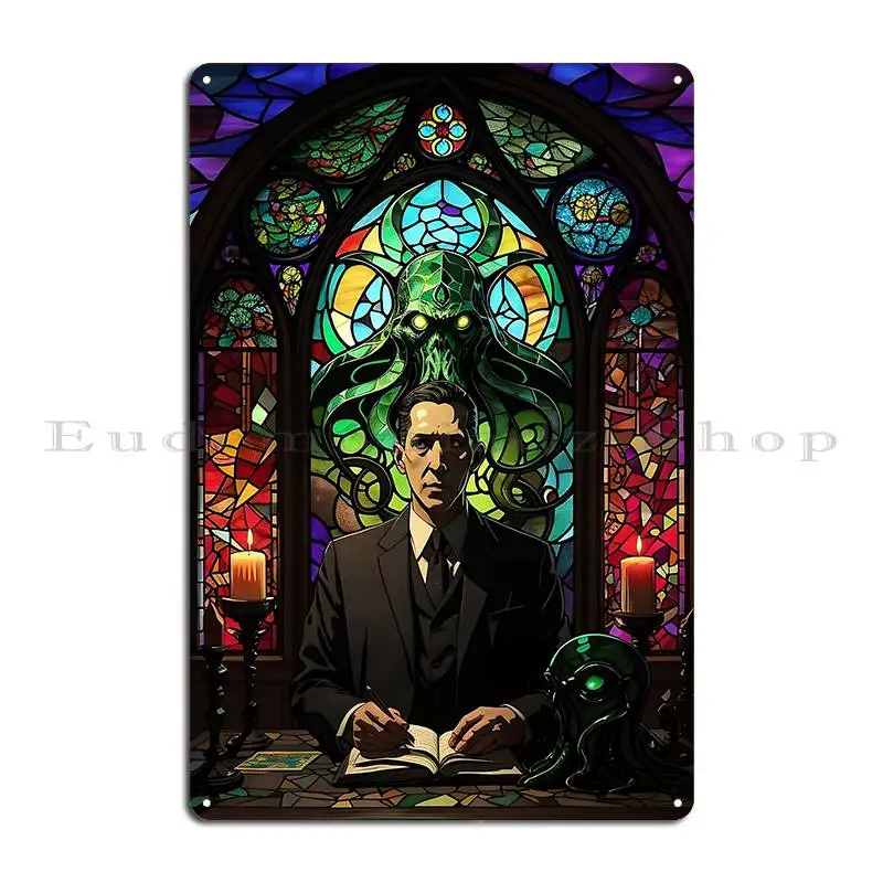 Retro Church Of Cthulhu Stained Glass Window With Hp Lovecraft Metal Sign Painting Club Club Bar Print Pub Mural Tin Sign Poster