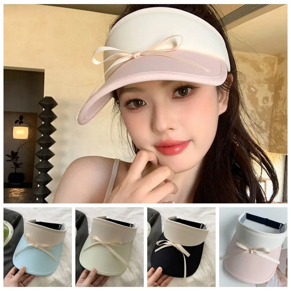 

Sweet Ribbon Bow Sun Hat Wide Brim Anti-UV Empty Top Cap Sunscreen Korean Style Bowknot Visor Cap Girl