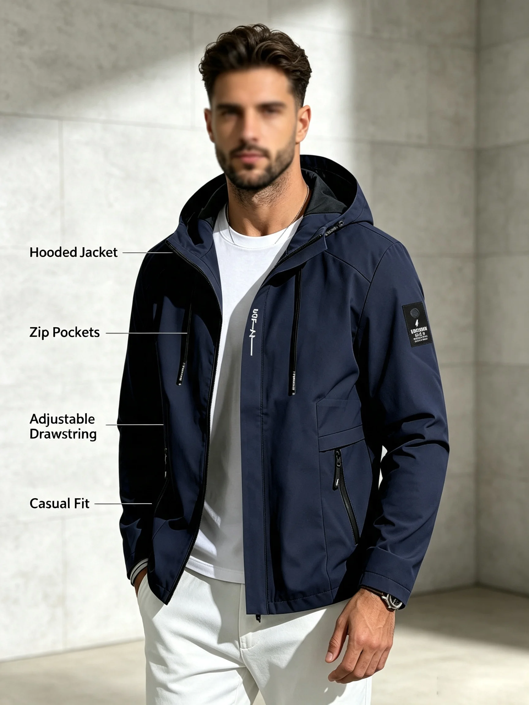 Men Hooded Jacket Casual Lightweight Durable Windbreaker Zip Up Drawstring Hood Coat Outerwear For Men Daily Outdoor Streetwear