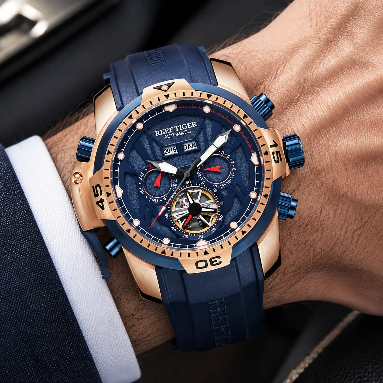 Reef Tiger Men's Automatic Mechanical Sports Watch Luxury Luminous Display Perpetual Calendar Water Resistant Timepiece