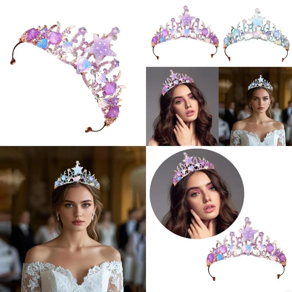 

39BC Bridal Crowns Bride Western Starfishes Hairband Crystal for Bachelorette Party
