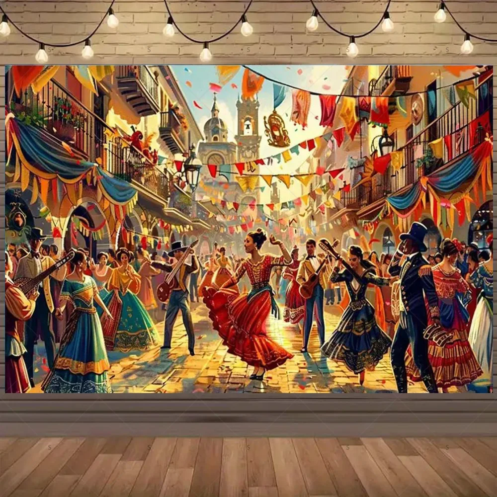 خلفية كرنفال إسبانية لتزيين الحفلات، موكب المسابقة، الراقصات، عازفي الجيتار، لوازم خلفية لافتة دعائم التقاط الصور #2