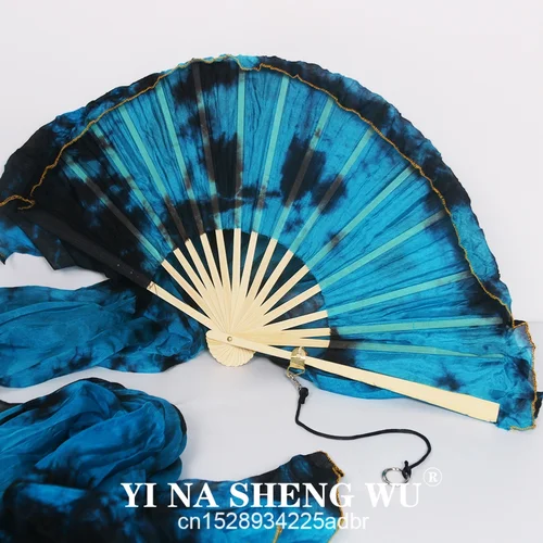 Imagen 2 del producto 1 par de abanicos de seda + cuerda Poi 2 en 1 teñido anudado 100% abanicos de seda de danza del vientre de seda Real abanico largo abanico de danza china velos danza del vientre