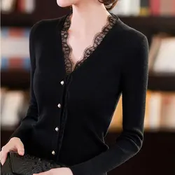 Korean Solid Color Slim Knitted Cardigan Women's Clothing Single-breasted Spring Autumn Fashion Elegant Lace Spliced Sweaters