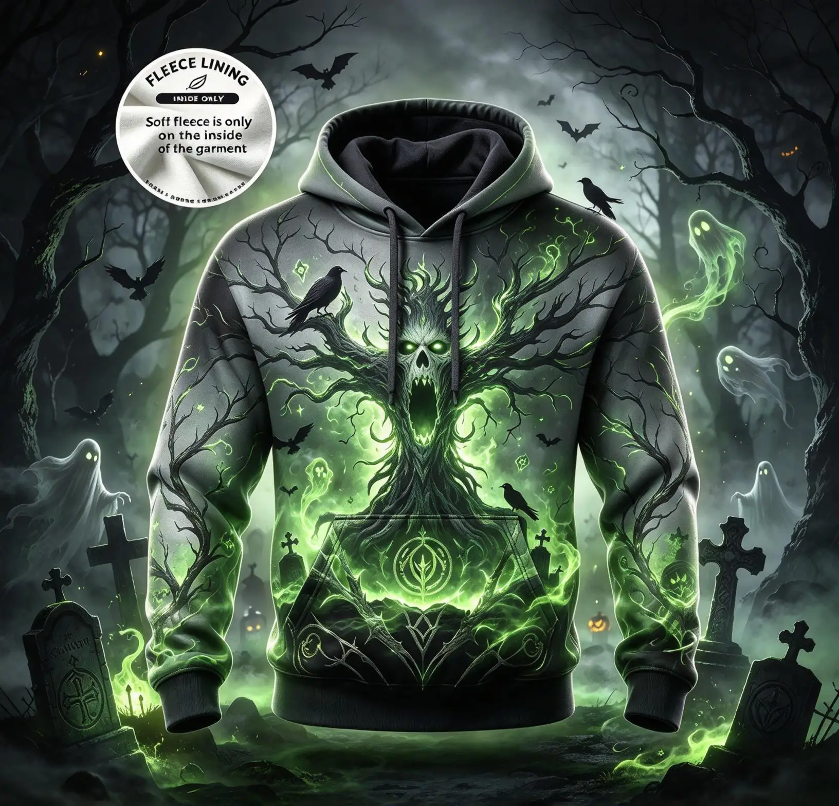 Mens Spooky Tree Spirit All Over Print Hoodie, Halloween Forest Monster Crow Sweatshirt, Fleece Lining Hooded Party Top