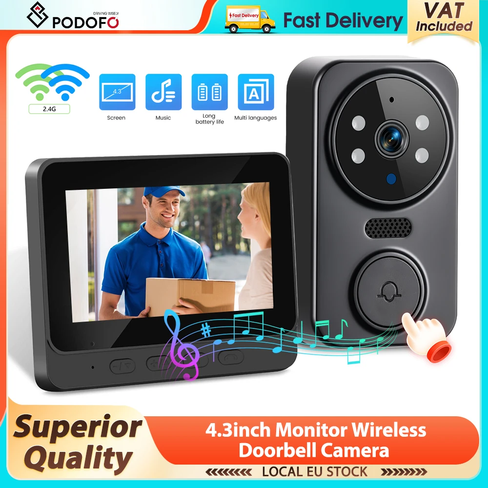 Videoportero Inalámbrico Inteligente Podofo con Pantalla IPS HD de 4.3'', Intercomunicador Inteligente 2.4G, Visión Nocturna, Comunicación Bidireccional, Cámara de Seguridad para el Hogar