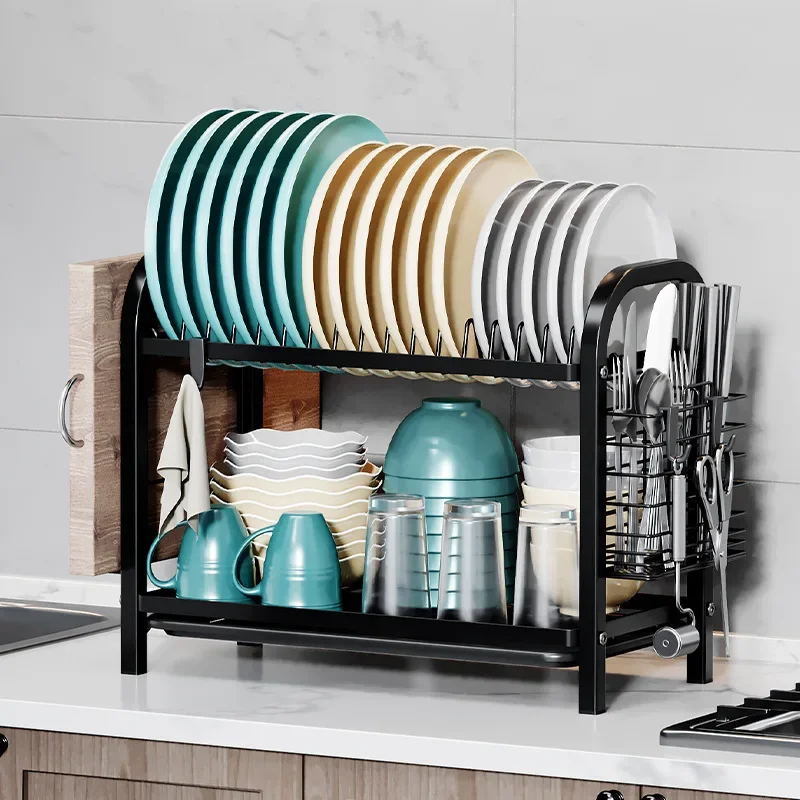 2-Tier Dish Organizer with Drain Tray Space-Saving Kitchen Storage Rack for Plates Knives Forks and Cutting Board