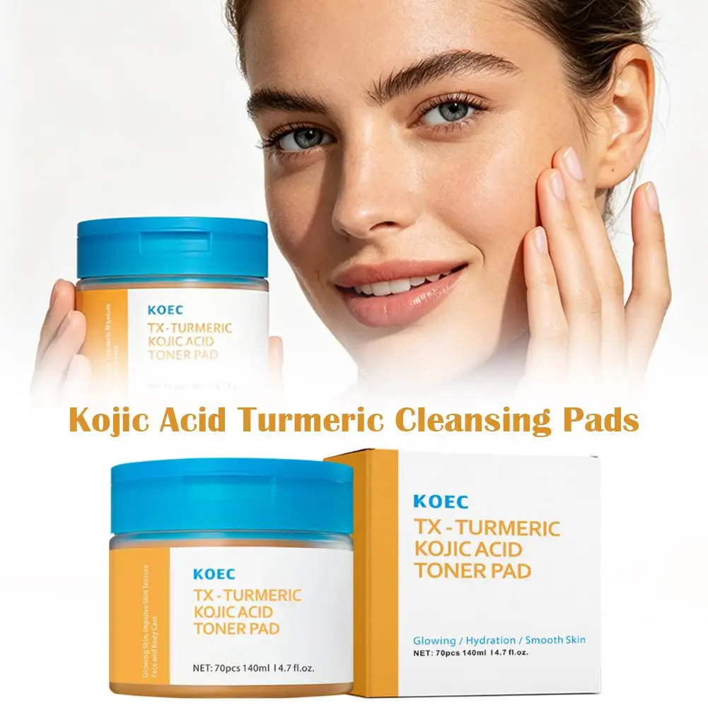 KOEC 70pcs Turmeric Kojic Acid Facial Toner Pads Gentle Exfoliating Deep Cleansing Oil Control Smooth Pores Glowing Skin Care