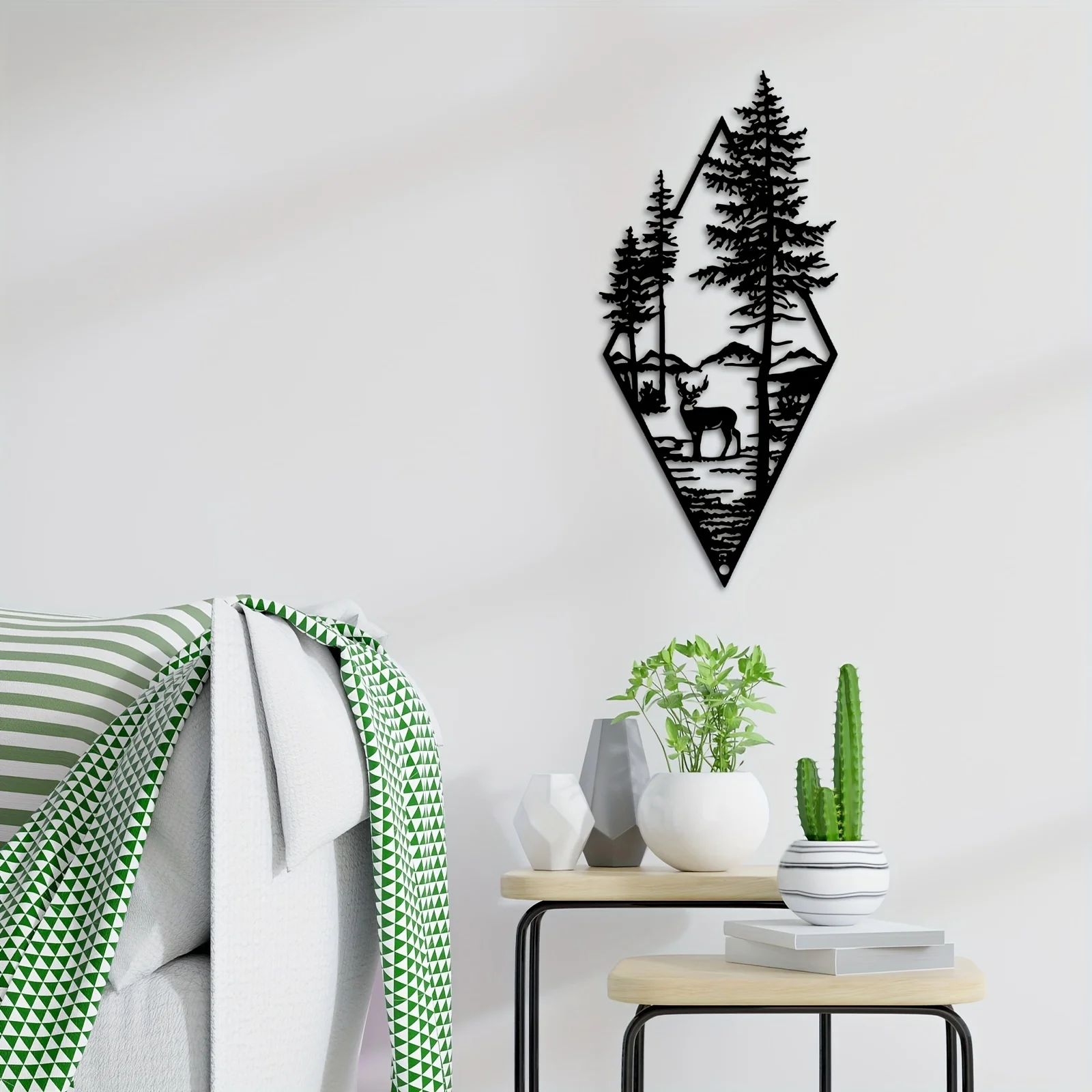 غزال ومشهد زخارف فنية جدارية معدنية ، فن جدران مناظر طبيعية ، ديكور منزلي