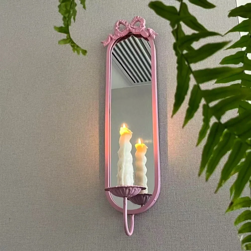 Wall Mounted Bow Mirror Candle Holder Vintage Wrought Iron Wall Decor Candlestick Shooting Props Home Fragrance Decoration Gifts