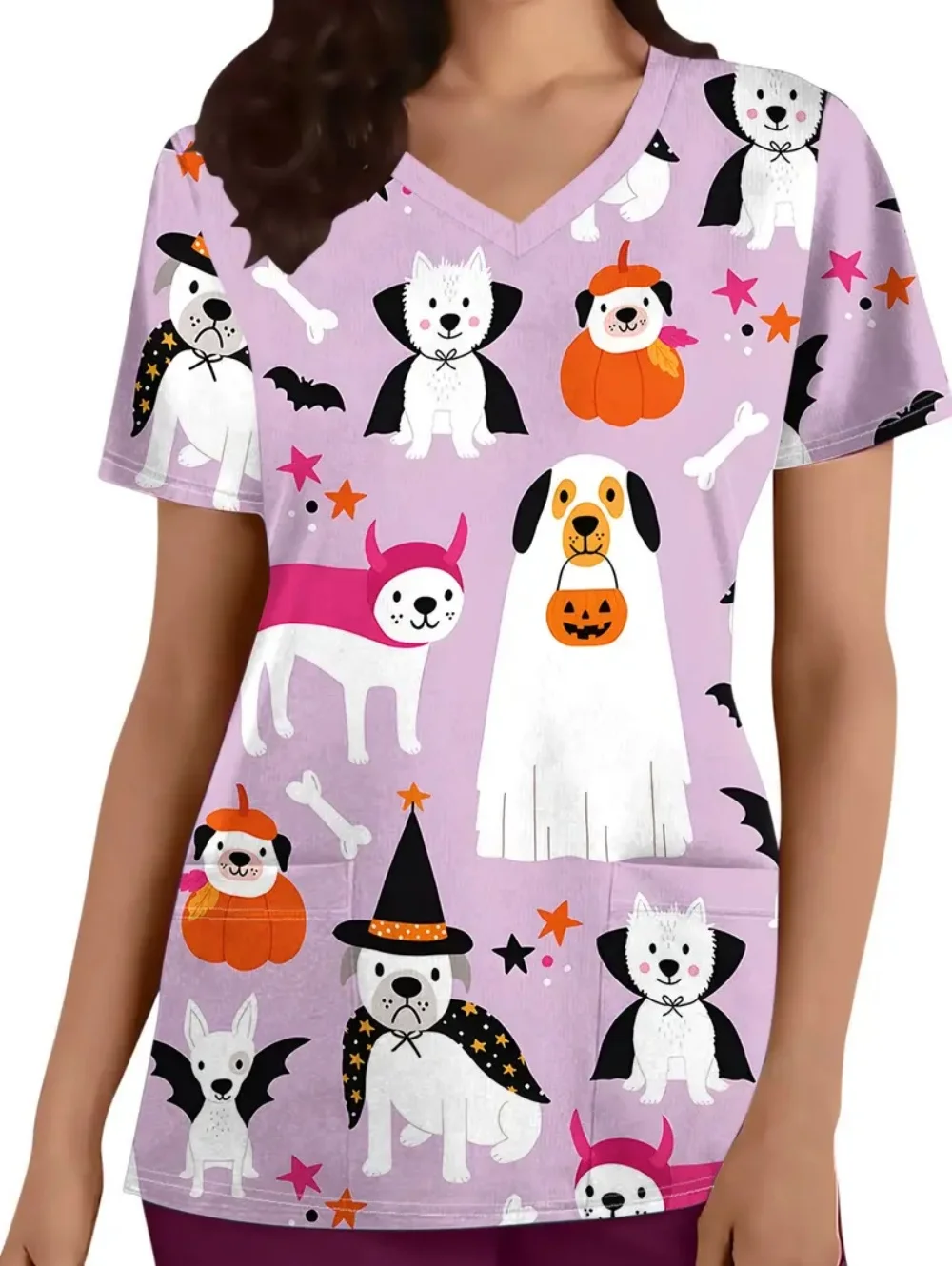 Cute Dog Pattern Surgical Uniforms Woman Dentistry Short Sleeve Tops Fashion V-Neck Nursing Comfortable Clinical Uniform Woman
