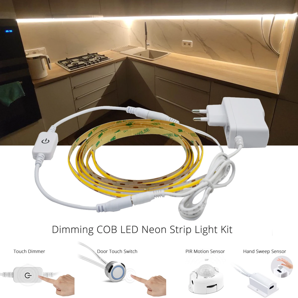 Bande lumineuse LED COB à gradation avec adaptateur, variateur tactile à distance, balayage manuel, capteur de mouvement PIR, 12V, 9W, 320 LED/m, Ra