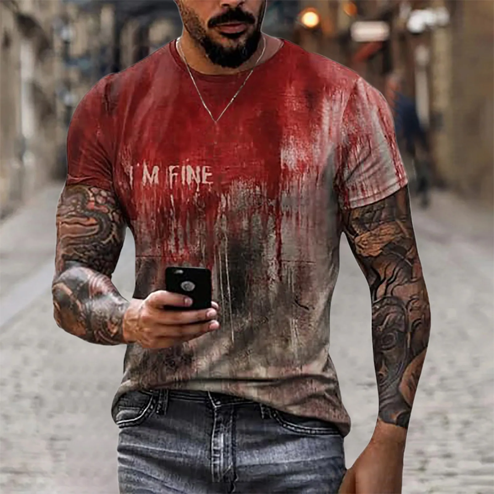 Problem Solved Bloody Fonts T-Shirt Male 2024 Halloween Print Tops Short Sleeve Round Neck Distressed T Shirt Holiday Party Top