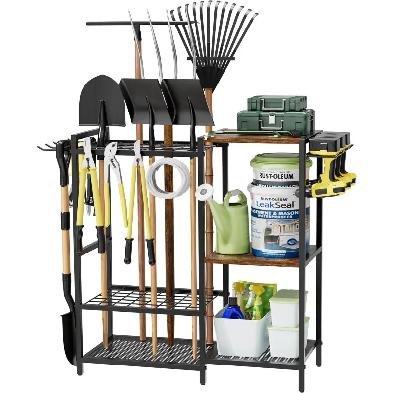 Garden Garage Tool Organizer - with 3-tier Shelves, Yard Tool Organizer for Garage with 4 Hooks, Heavy duty Steel Garden Tool