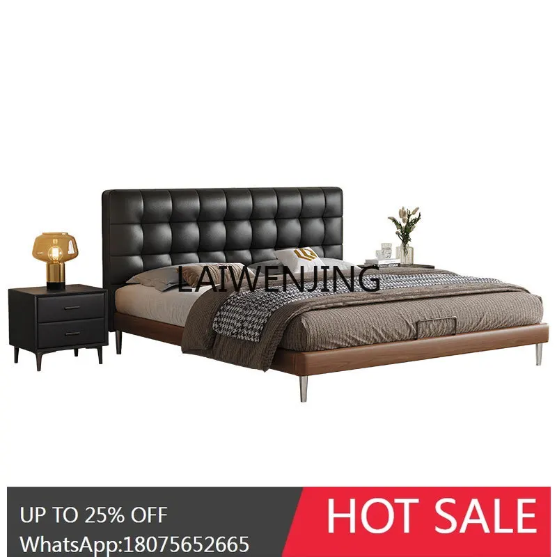 high-end leather bed minimalist solid wood bedside soft bag
