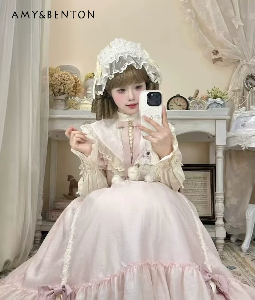 

Girls Summer New Sweet Pink Lolita Dress Big Girls Bowknot Lace Trim Puff Sleeve High Waist Ruffle Pleated Princess Maxi Dress