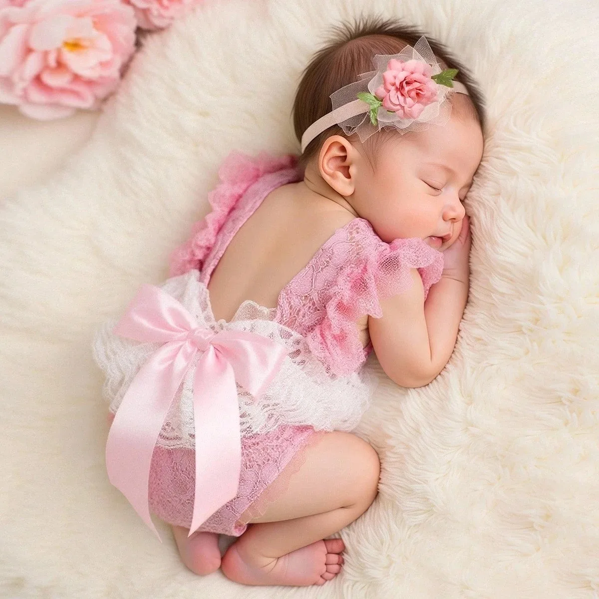 

Комплект из 2 предметов: кружевной комбинезон для новорожденных с повязкой на голову, наряд для фотосессии девочки с бантом, реквизит для фотосъемки младенцев