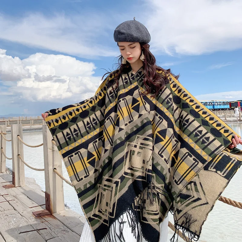 Poncho Cape Autumn and Winter Scarves Women\'s Travel Shawl Imitation Cashmere European and American Ethnic Style Split Cloak Y1