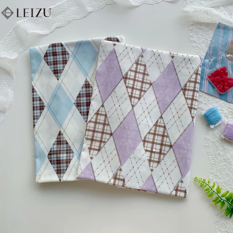 

Cotton Print Fabric Blue Purple Diamond Grid Cloth Plain Weave for DIY Handmade Clothing,Skirt,Tablecloth Sewing Hair Accessory