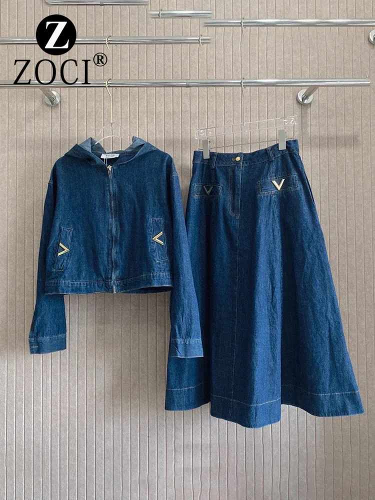 [ZOCI] Trendy New Hooded Short Denim Jacket+high Waisted Skirt