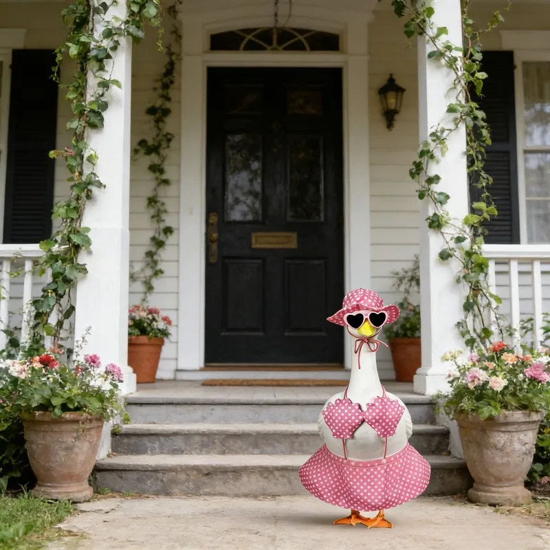 Pink Hawaiian Porch Goose Outfits, White Polka Dot Pattern Suit with Sunglasses And a Hat Applicable to 23 Inch for Cement Goose Outdoor Garden Yard Decor view 6