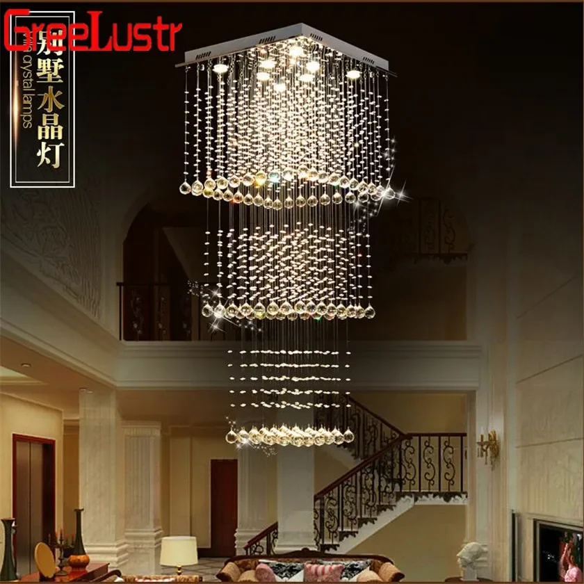 Modern Crystal squar Ceiling Lamp Crystal Lustres De Sala Light Fixture GU10 Bulbs Double Staircase Lights Long Ceiling Lighting