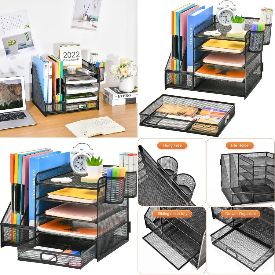 

5-Tier Desk Organizer with File Holder Drawer and 2 Pen Holders for Office Supplies Mesh Desktop Storage with Magazine Holder I