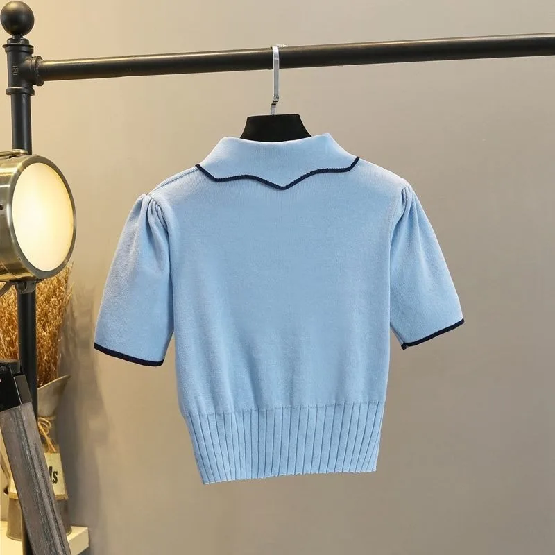 Summer Sweater Korean Fashion Style Contrast Single Solid Short Sleeve Knitted Cardigan Ice Silk Thin New Casual Female Tshirt