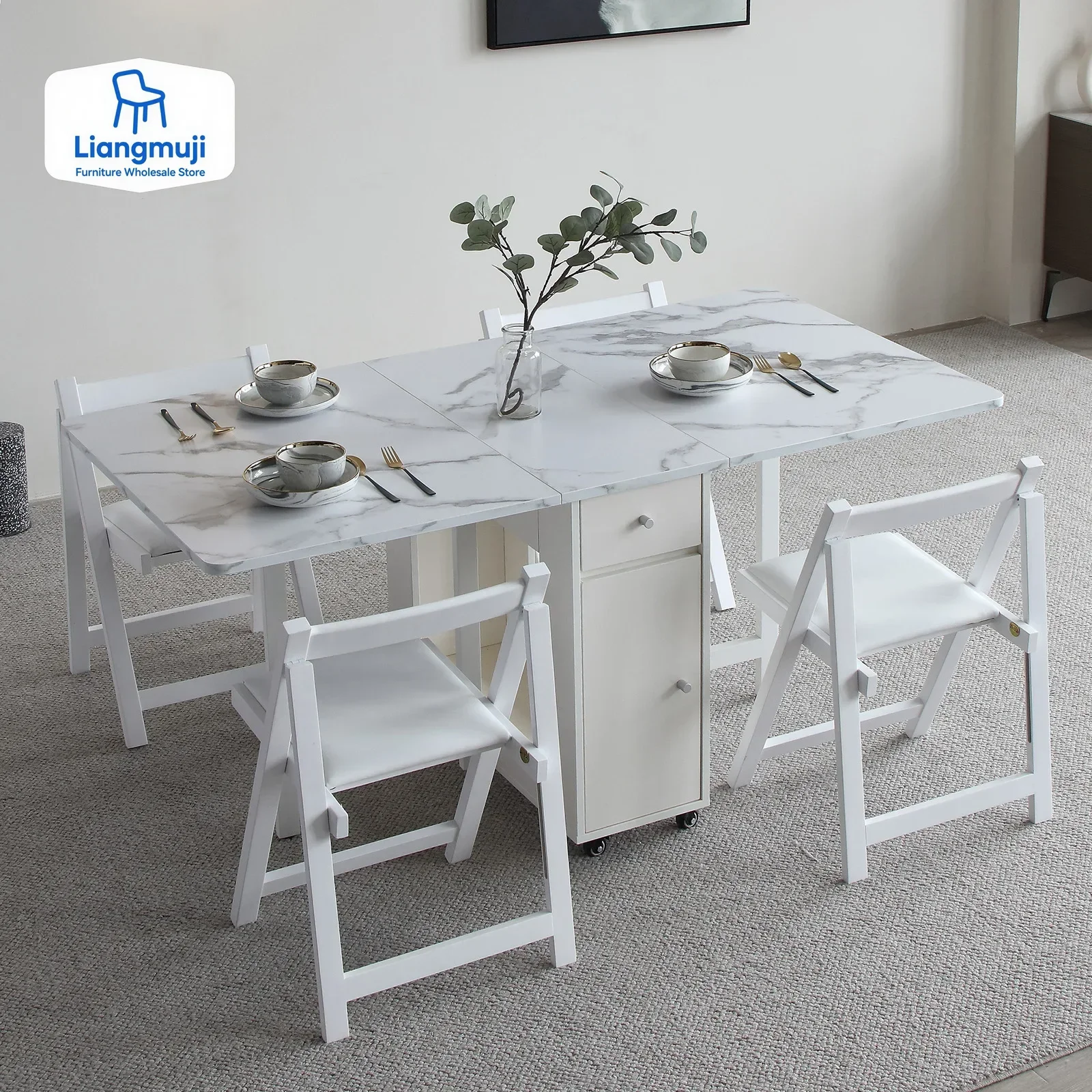 

Fashion White Folding Dining Table Furniture Multifunctional Rectangle Movable Dining Table and Folding Chairs small table