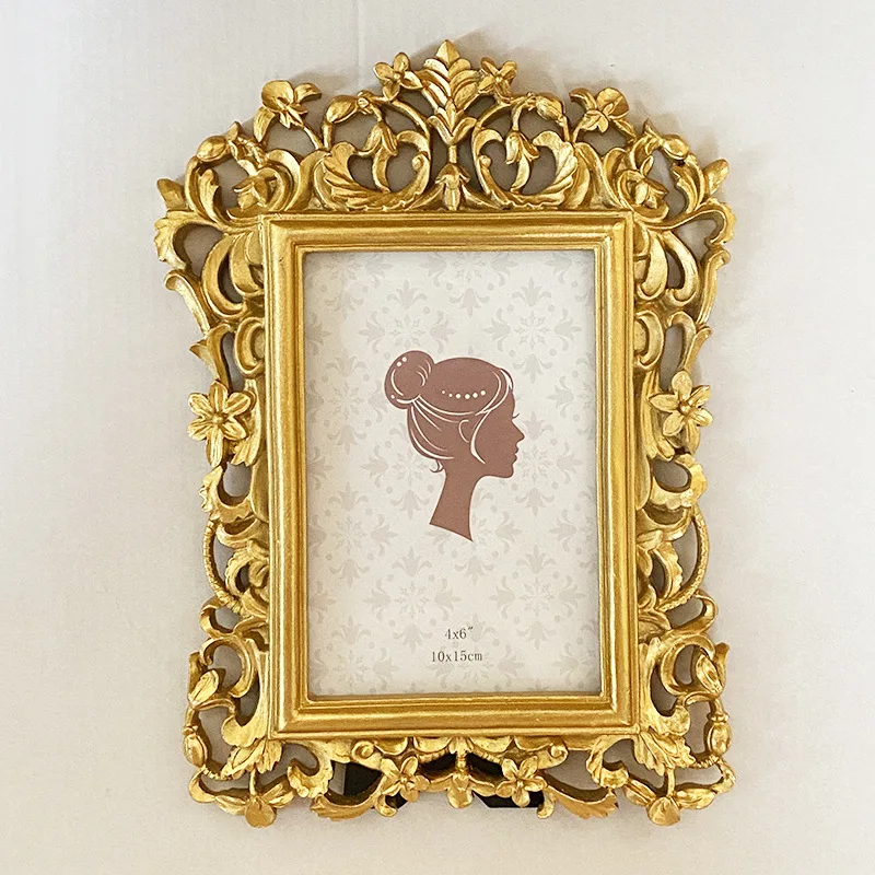 Golden Embossed Resin Picture Frame Holder Table Decoration Vintage Rectangle Photo Frame Wall