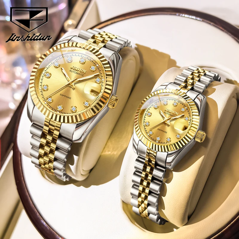 JSDUN Couple Watches High Quality Luxury Original Mechanical Watch Steel Strap Waterproof Couple's Gifts Box 8737