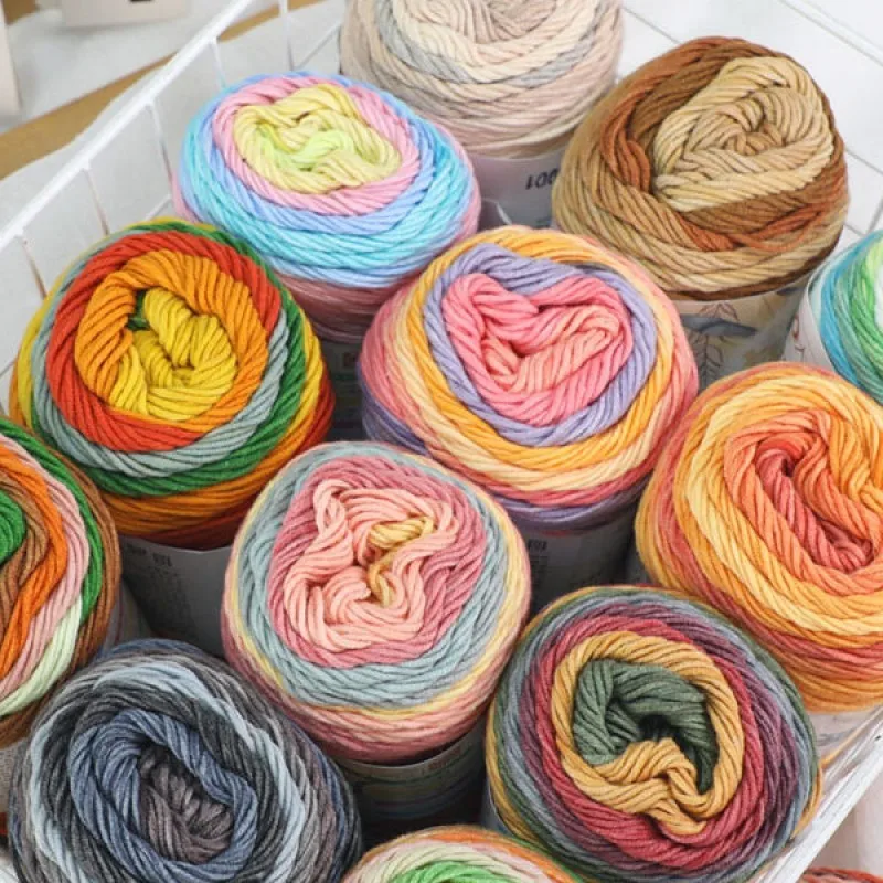 

1PCS 100g Rainbow Cotton Colorful Long Section Dyed Pattern Thread Handwoven Sweater Scarf Blanket Seat Cushion Doll Yarn Ball