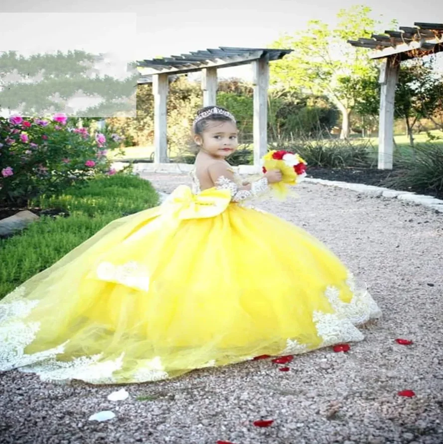 High Quality Yellow Flower Girl Dresses Big Satin Bow Lace Edge Pageant Birthday Gowns Girls First Communion Dress Kid 1-14T