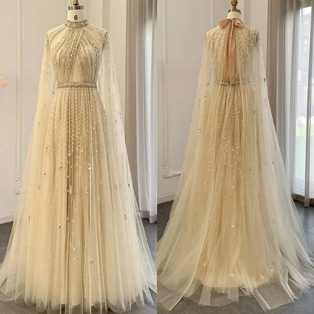 

Customized Classic Champagne Organza Evening Dress Delicate High Neckline Long Sleeves Lace Up Back Beading Homecoming Dress