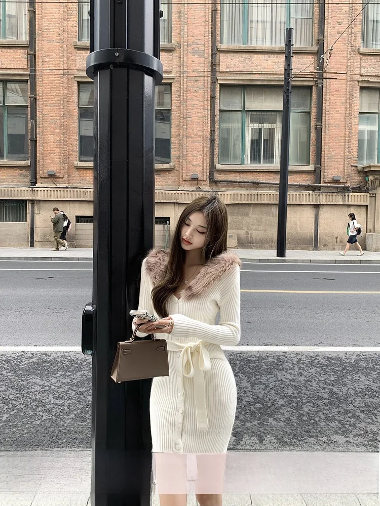 

Зимнее облегающее платье Yoyozhang с V-образным вырезом и длинными рукавами для женщин, белое, повседневное, укороченное, из смесового полиэстера